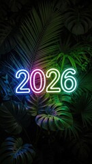 Vibrant neon 2026 number glowing brightly among dark lush tropical leaves creating a futuristic atmosphere