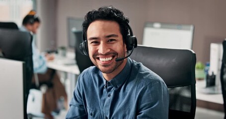 Face, happy and businessman with headset in office for online consulting, finance advice and help. Call center, coworking and portrait of person on computer for contact, service and communication - Powered by Adobe