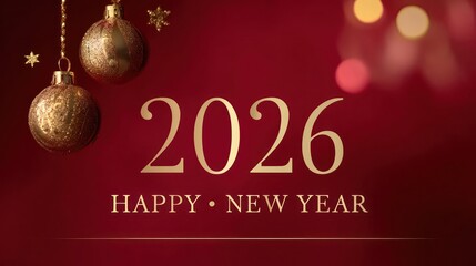 Naklejka premium Elegant golden 2026 new year greeting with festive ornaments and bokeh lights on red background