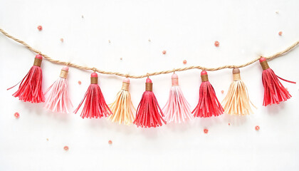Colorful garland with tassels made of paper, festive mood, on white background
