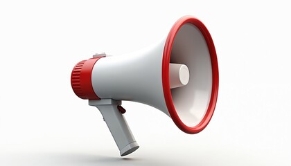 Sleek white and red megaphone illustration in three dimensions. Modern design conveys powerful sound amplification and clear communication. This icon represents announcements and urgent messages.