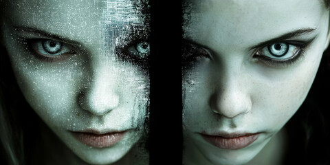 Split face portrait with icy blue eyes and digital texture