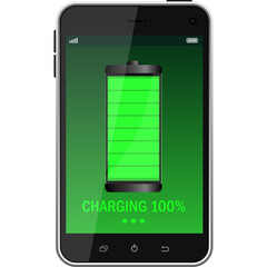 Smartphone Screen Displaying Full Battery Charge With Green Gradient Background and White Text CHARGING 100%
