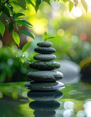 Stacked stones with green leaves, serene water reflection, and nature bokeh background