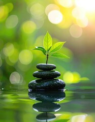 Stones stacked with a growing plant on a water surface, green nature scene