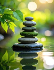 Stacked stones, zen garden, peaceful water, sunlight, leaves, serene, balance