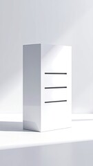 A minimalistic, white cube with three horizontal slits against a bright backdrop