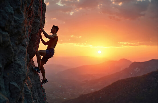 Muscular man climbs steep rock face at sunrise. He ascends cliff edge reaching for holds. Beautiful mountain landscape with sun behind clouds.
