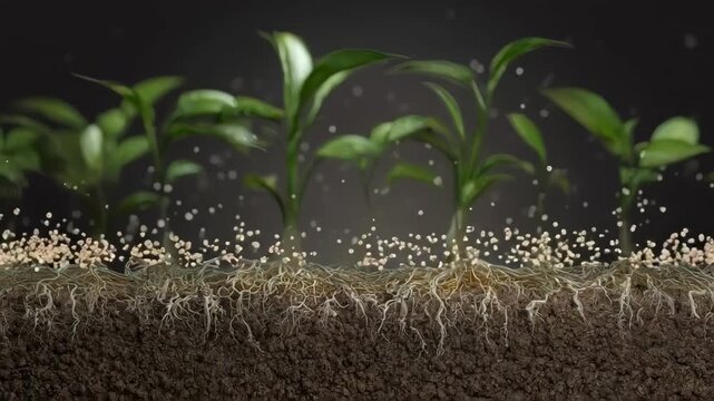 View of vibrant plant roots colonized by beneficial microbes illustrating microbial consortia promoting nutrient absorption and growth.