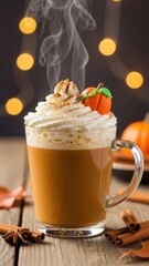 Delicious steaming pumpkin spice latte drink topped with whipped cream cinnamon and decorative autumn pumpkin