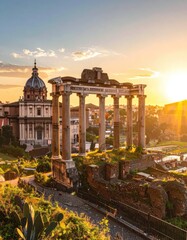Ancient Roman ruins with a church, dramatic sunset, and scenic cityscape
