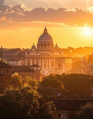Vatican City at sunset, bathed in golden light, a stunning cityscape