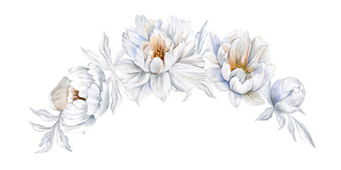delicate watercolor floral arch featuring white peonies and gray leaves. isolated wedding header, invitation border, or romantic greeting card design.