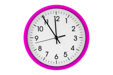 Pink watch, wall clock 11 hours 45 minutes on isolated or white background close up