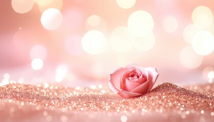 Delicate pink rose on glittering surface, soft bokeh background