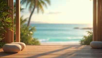 Obraz premium View of calm ocean waves from wooden deck with natural bamboo walls. Tropical palm trees and bright sunny sky visible. Peaceful serene beach retreat setting.