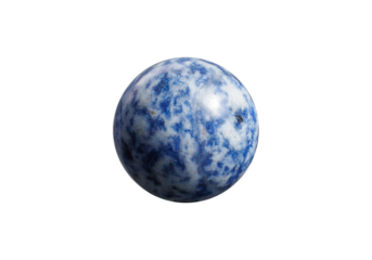 A polished blue spot jade sphere on a white isolated background, featuring intricate blue speckles and a smooth, glossy finish. Ideal for decor, meditation, or mineral collections.