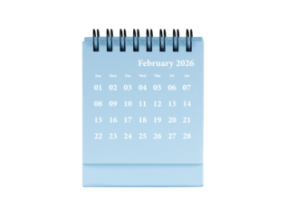 Desktop calendar for February 2026 in blue colour. Mini planner for business and finance, spiral view on isolated white background close up.