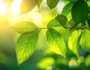 Sunlight shining through vibrant green leaves on a tree branch