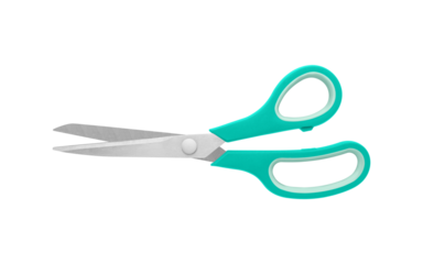 A pair of blue handled scissors in open position on a white background, with sharp metal blades and comfortable grips. Perfect for cutting tasks in office or craft settings, isolated view.