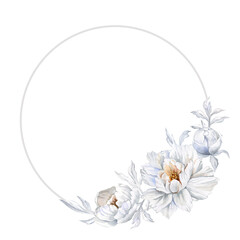 Circular frame with a  white  watercolor peonies and gray leaves. Delicate hand drawn flowers for wedding  invitations, greeting cards and decor.