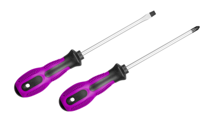 A set of two screwdrivers, flat and Phillips, with ergonomic Pink handles suits various DIY projects. Their sturdy design ensures reliable performance on isolated white background close-up