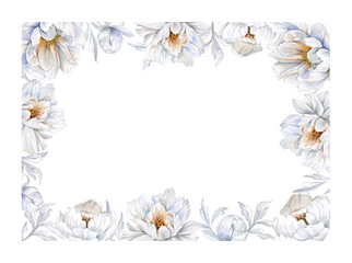 Watercolor border of white and cream peonies, buds, and gray leaves. Elegant frame for wedding stationery, postcard or copy space backdrop.