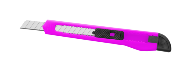 A bright Purple utility knife with black handle and retractable blade, designed for accurate cuts. Great for office or craft projects with safe and ergonomic design.