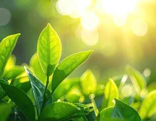 Lush, green tea leaves bathed in warm sunlight, blurred bokeh