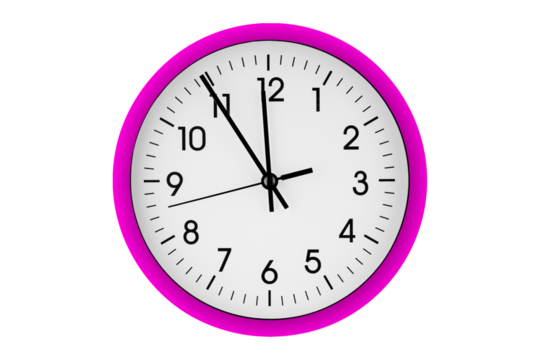 Pink watch, wall clock 11 hours 45 minutes on isolated or white background close up