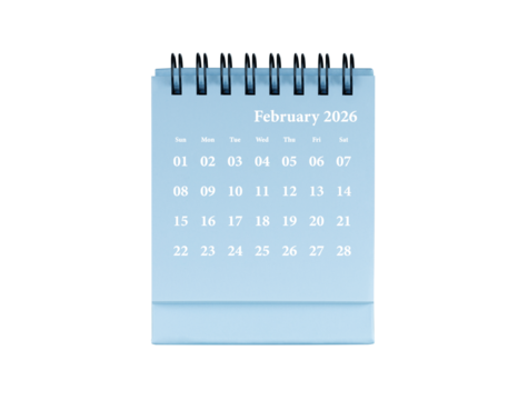 Desktop calendar for February 2026 in blue colour. Mini planner for business and finance, spiral view on isolated white background close up.