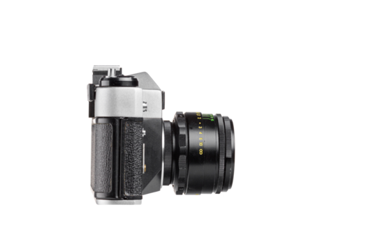 Classic analog film camera isolated on white background. Perfect for photography themes, retro designs, or creative advertising projects.