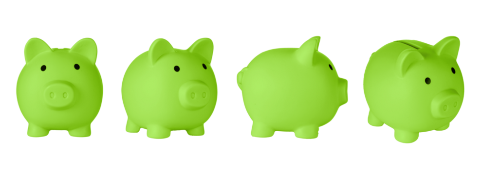 Set Piggy bank pig Green color on isolated white background close up