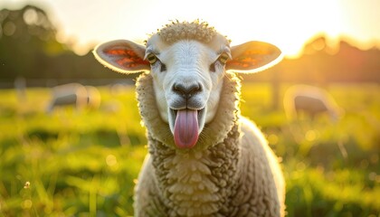 Funny sheep sticks its tongue out in a sunny green field