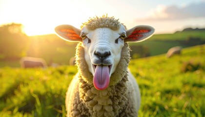 Close-up of a sheep with tongue out, in a sunny meadow