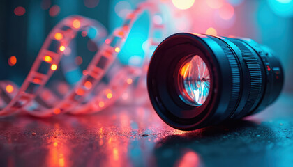 Modern photo depicts camera lens with film strip on vivid colorful background. Lens shines in studio with lights. Photo illustrates visual content creation technology equipment for photo shooting.