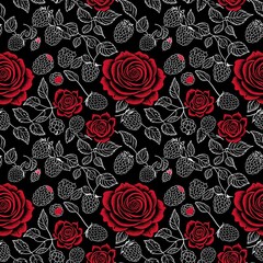 Pink roses and blackberries seamless pattern, four tiles