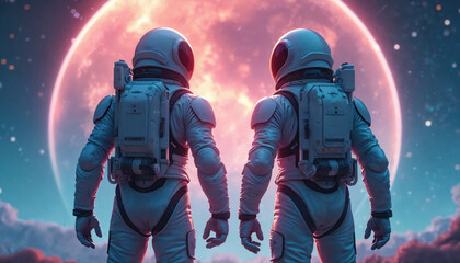 Two astronauts stand on alien planet looking at giant moon. Future space explorers in white suits gaze at cosmic sky. Science fiction journey begins.