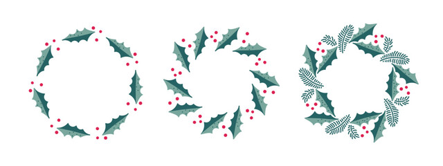 Three Christmas wreath designs featuring holly leaves and red berries. Perfect for holiday decorations, greeting cards, and festive designs. Round frame set with copy space. Vector in doodle style.