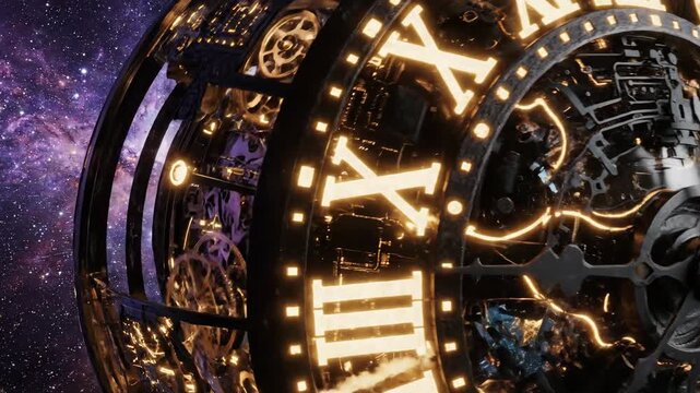 Abstract timepiece with roman numerals against a cosmic background
