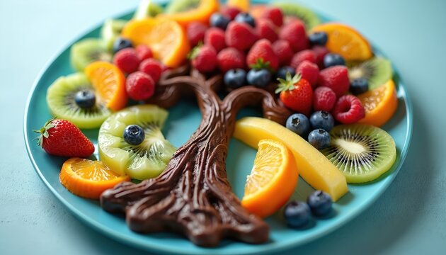 Vibrant fruit tree centerpiece with fresh berries kiwi orange slices on blue plate. Chocolate trunk adds creative touch for festive parties or healthy eating promotion.