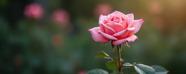 Obraz premium Beautiful pink rose opens soft petals in sunny garden. Delicate flower stands tall on long green stem. Natural light highlights bloom fresh beauty. Lovely scene brings warmth, calm to nature.