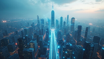 Futuristic smart city cityscape at dusk. Tall central skyscraper emits bright glowing data streams, connecting surrounding buildings. Modern urban area highlights advanced digital network tech.