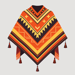 Colorful ethnic poncho in clean vector style, warm orange and red colors, traditional clothing