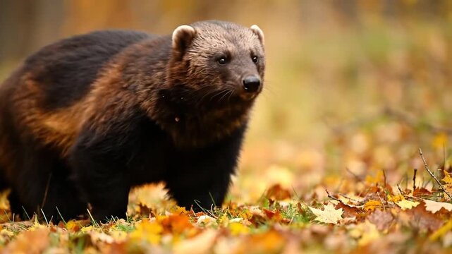 Wolverine Foraging in Autumn Leaves, Wildlife Nature Scene
