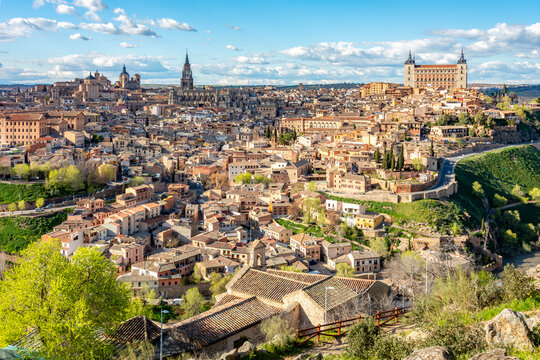 Toledo cityscape with cathedral and alcazar over old town and Tajo river, Spain