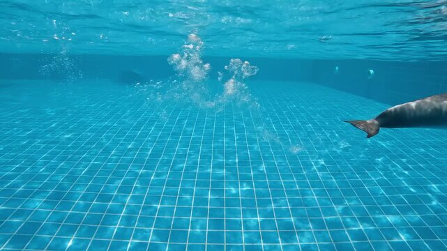 An underwater view in a clear pool. A bottlenose dolphin glides underwater against a blue tile backdrop, creating air bubbles