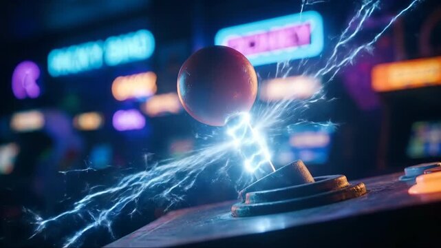 Arcade joystick sparks with energetic electric lightning effect.
