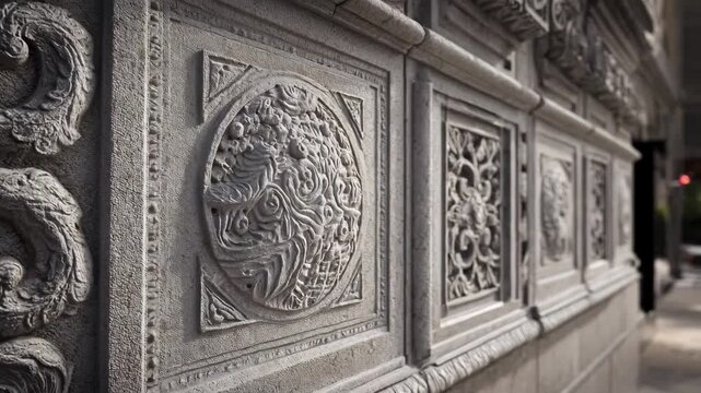 Closeup of intricate basrelief panels showcasing detailed 3D engraving with elevated designs adding depth and texture to the surface.