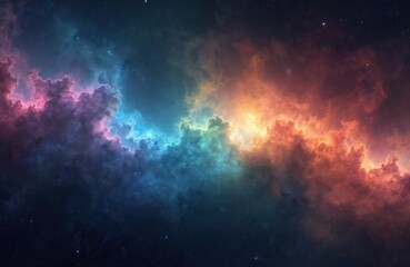Fototapeta premium Colorful cosmic nebula drifts through deep space. Vibrant clouds filled with glowing stars create mystical, awe inspiring celestial panorama. Infinite universe with swirling gases, distant planets,